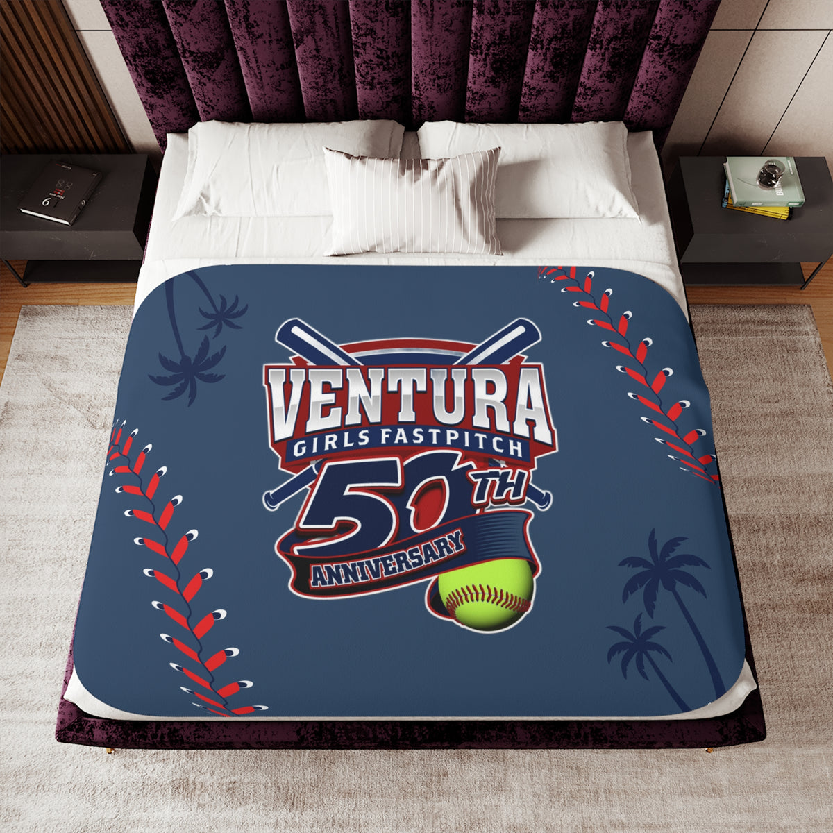 Light Blue 60x80 Palm Ventura Girls Fastpitch 50th Anniversary Sherpa Blanket