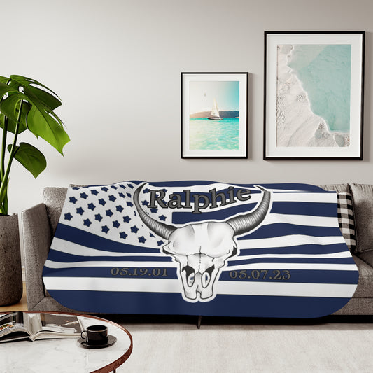 Ralphie White Flag on Navy Blanket