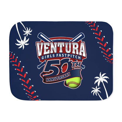 NAVY 60x80 Palm, Ventura Girls Fastpitch 50th Anniversary Sherpa Blanket — Soft Two-Tone Baseball Design