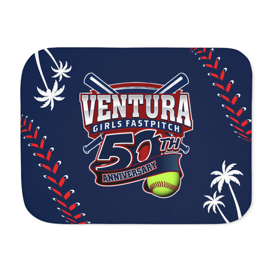 NAVY 60x80 Palm, Ventura Girls Fastpitch 50th Anniversary Sherpa Blanket — Soft Two-Tone Baseball Design