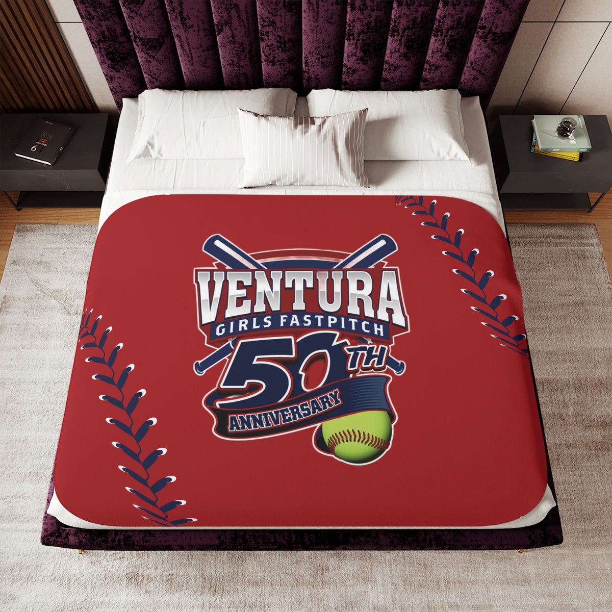 RED 60x80 Ventura Girls Fastpitch 50th Anniversary Sherpa Blanket – Soft Two‑Tone Baseball/Softball Throw