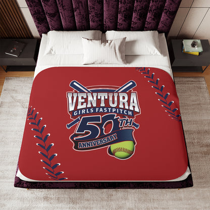 RED 60x80 Ventura Girls Fastpitch 50th Anniversary Sherpa Blanket – Soft Two‑Tone Baseball/Softball Throw
