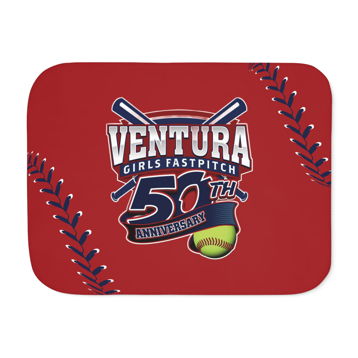 RED 60x80 Ventura Girls Fastpitch 50th Anniversary Sherpa Blanket – Soft Two‑Tone Baseball/Softball Throw