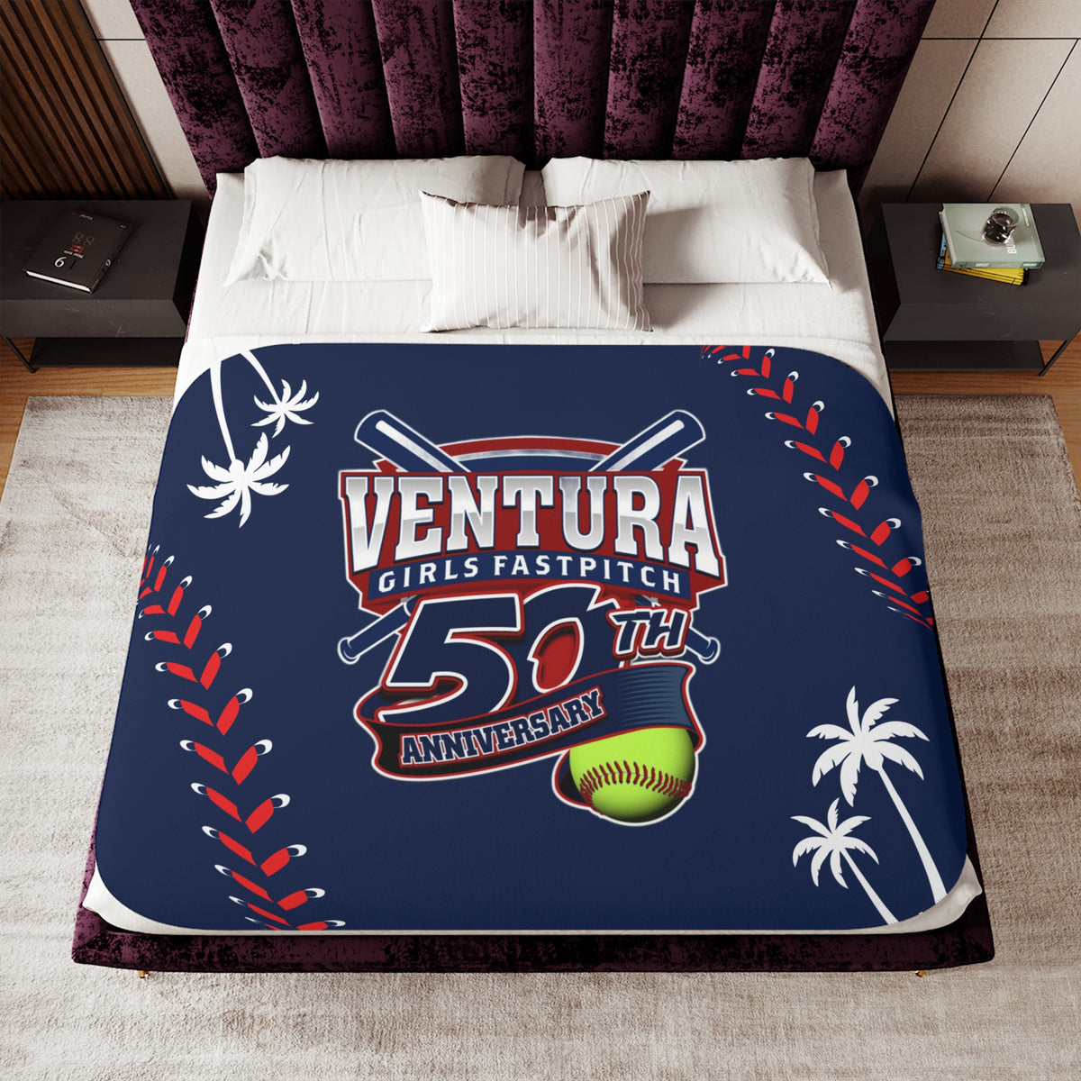 NAVY 60x80 Palm, Ventura Girls Fastpitch 50th Anniversary Sherpa Blanket — Soft Two-Tone Baseball Design