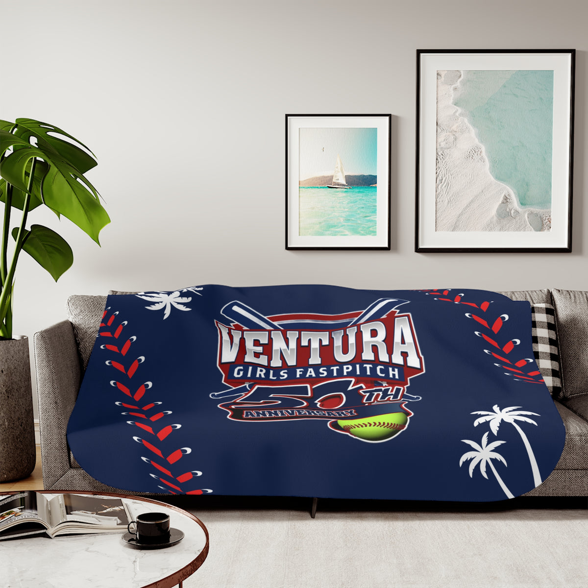 NAVY 60x80 Palm, Ventura Girls Fastpitch 50th Anniversary Sherpa Blanket — Soft Two-Tone Baseball Design