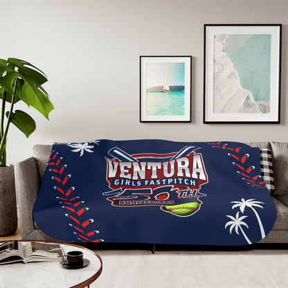 NAVY 60x80 Palm, Ventura Girls Fastpitch 50th Anniversary Sherpa Blanket — Soft Two-Tone Baseball Design