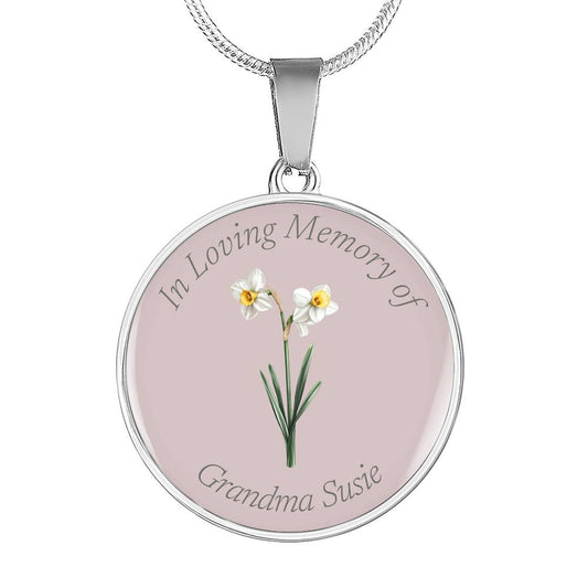Birth Flower Memorial Circle Necklace, Custom Word Engraving