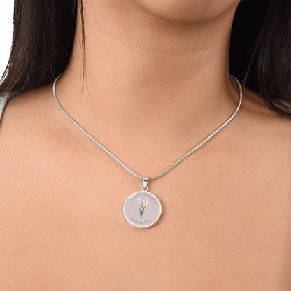 Birth Flower Memorial Circle Necklace, Custom Word Engraving