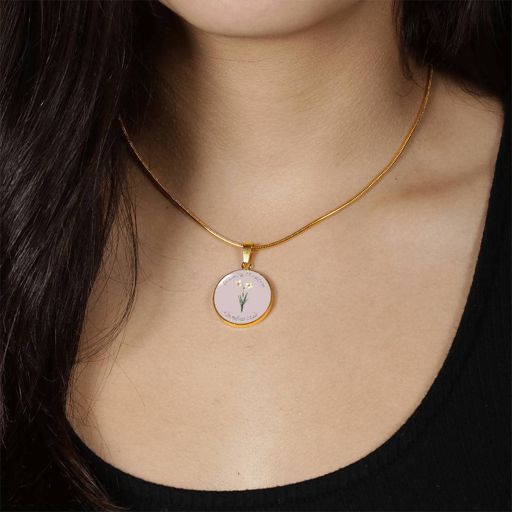 Birth Flower Memorial Circle Necklace, Custom Word Engraving