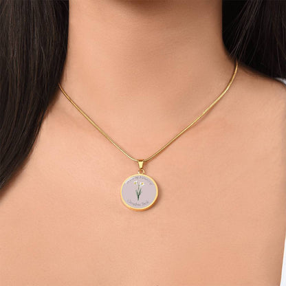 Birth Flower Memorial Circle Necklace, Custom Word Engraving