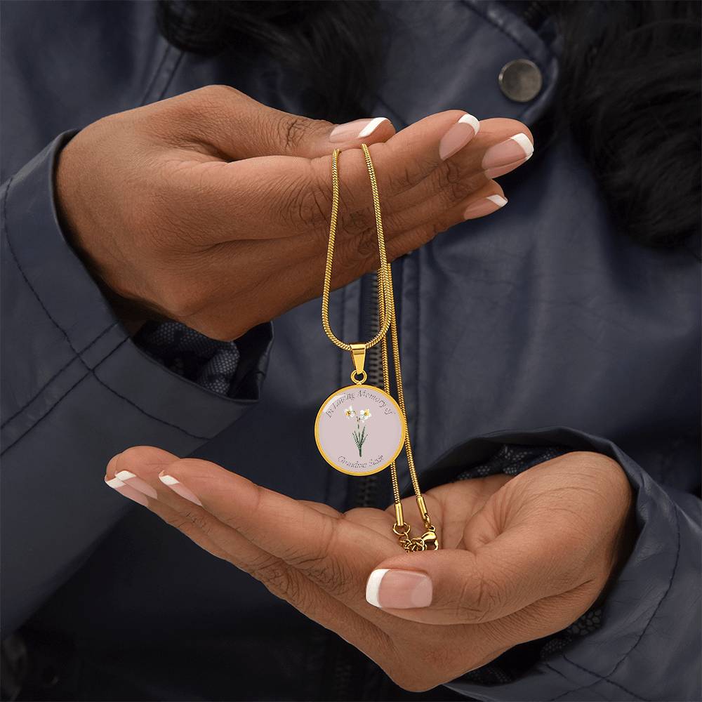 Birth Flower Memorial Circle Necklace, Custom Word Engraving