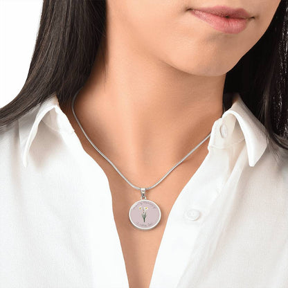 Birth Flower Memorial Circle Necklace, Custom Word Engraving